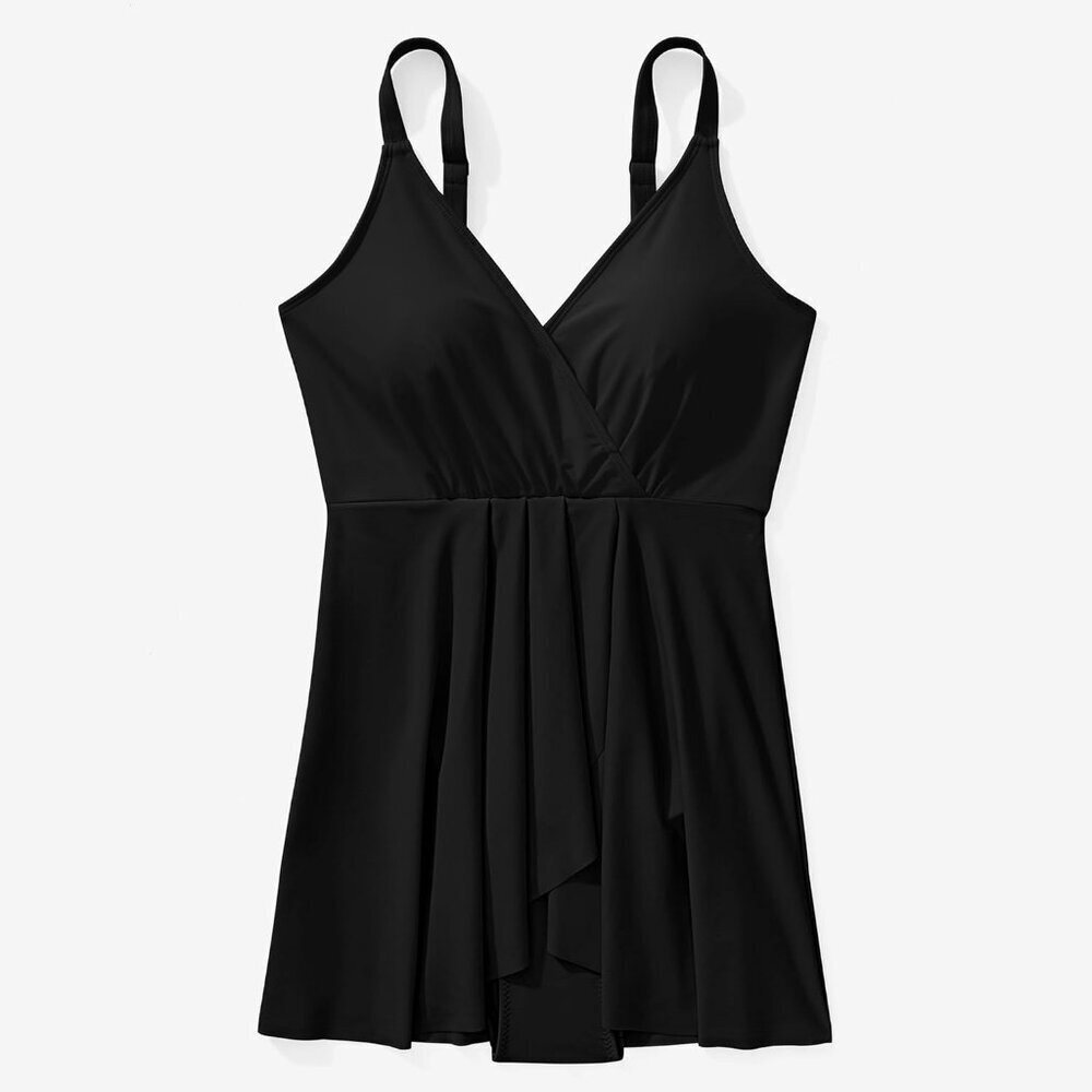 Women Black Swim Dress Swimsuit Tummy Control Ruched Skirted Bathing Suit - Picture 5 of 7